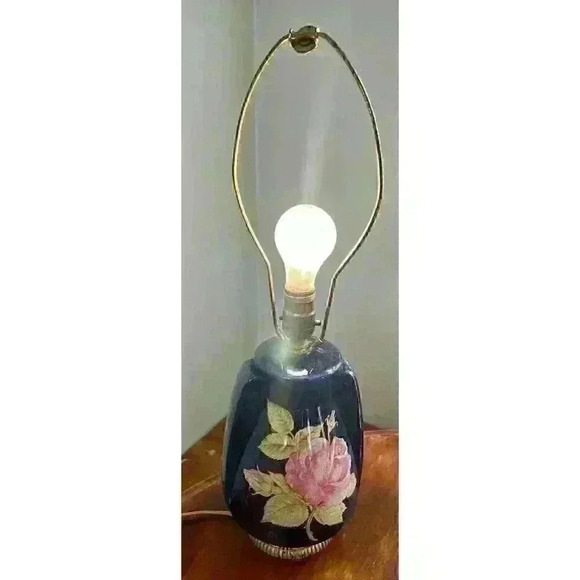 Ginger Jar Hand Painted Vintage Table Lamp Tested Works Pink Rose Bronze Base - Picture 1 of 5